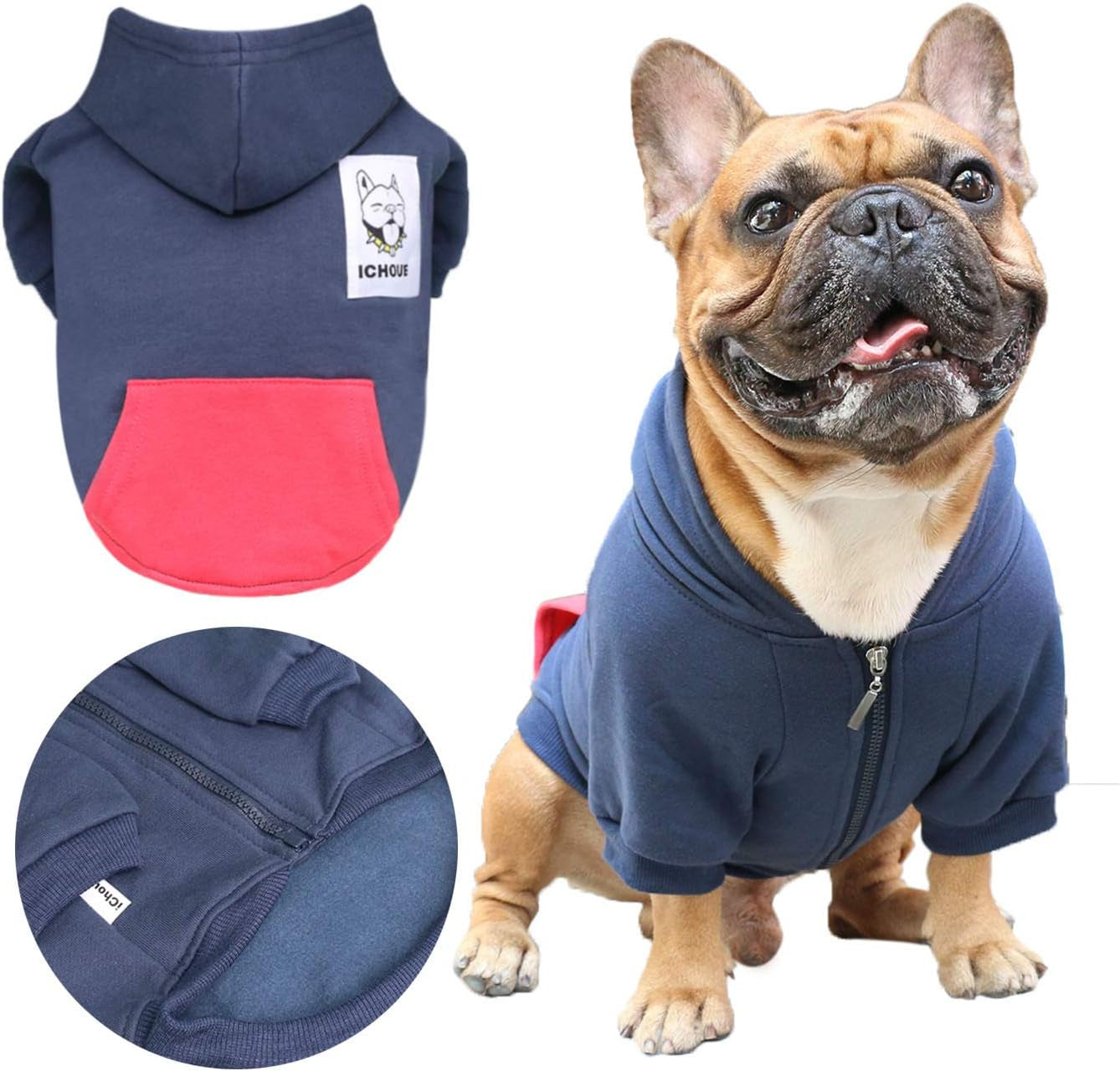 French Bulldog Pug Zipper Pocket Hoodies Clothes Navy Blue - Small | Zipped Sweatshirts Cold Winter Coats Sweaters for Puppy Frenchie Boston Terrier English American Bully Pitbull Staffordshire