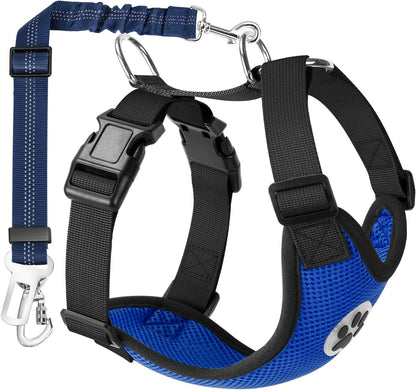 Dog Car Harness Seat Belt, Dual Connection Seatbelt Plug & Latch | Breathable Soft Padded Mesh Vest, Adjustable, Reflective, Elastic Tether Safe Travel for Small Medium Large Dogs (Blue, M)